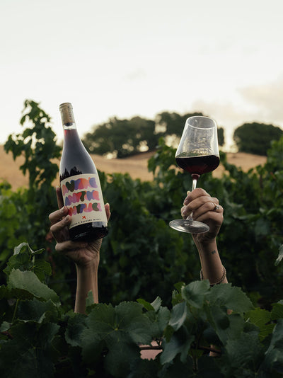 Two hands holding a bottle of Catch & Release Wines Anyone Anytime Anyplace and a glass of red wine in a vineyard setting.