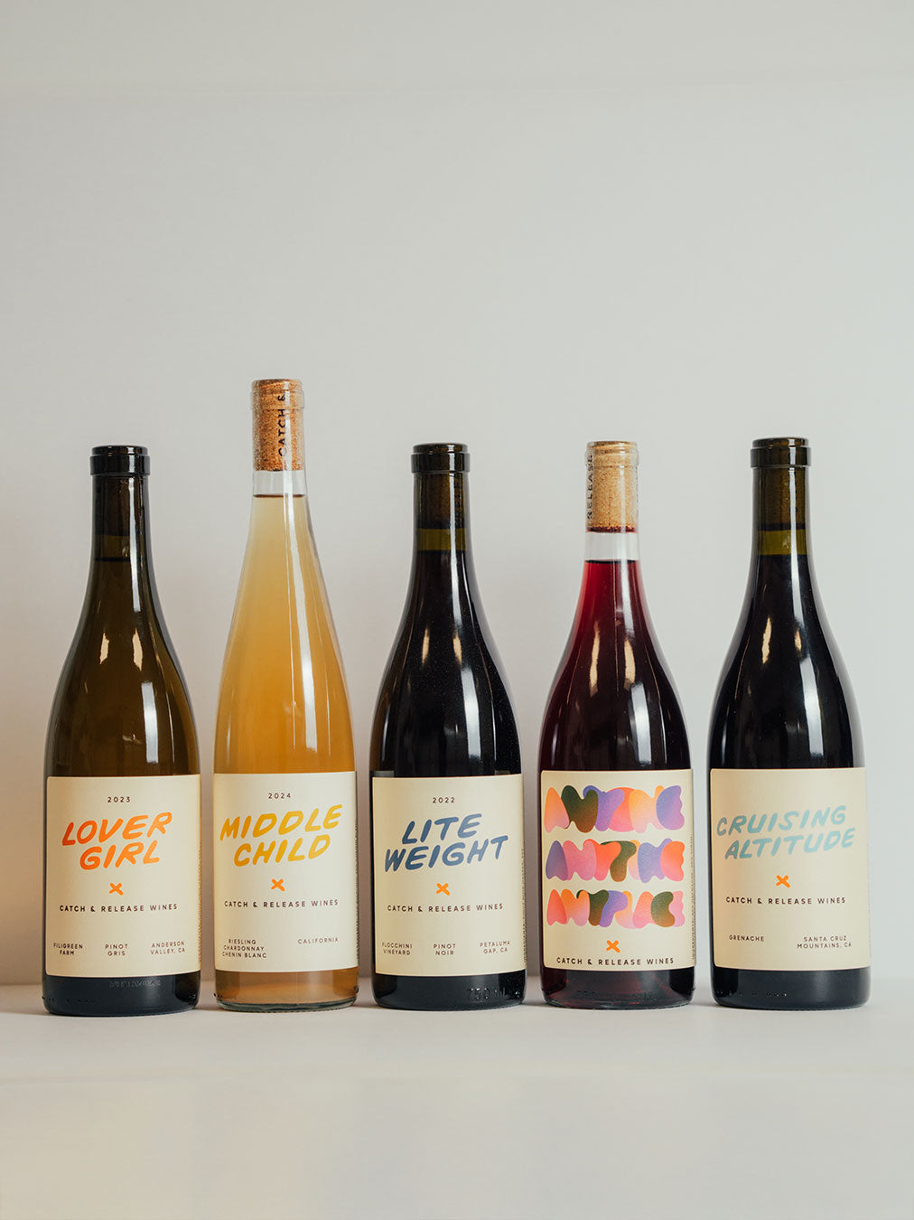 Five bottles of Catch & Release Wines, Fall Winter Release bottle shot
