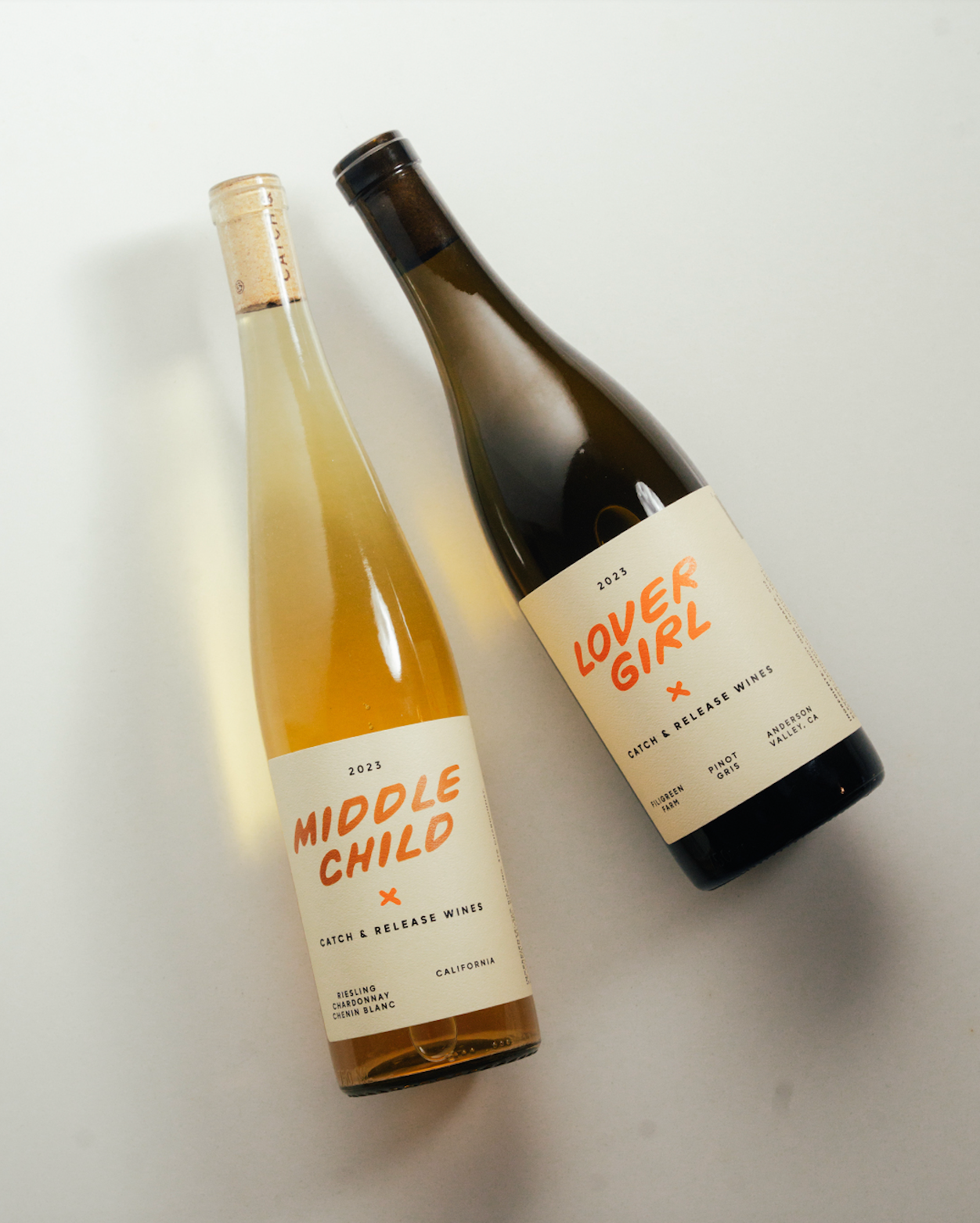 Catch & Release Natural Wine Middle Child orange wine, Lover Girl biodynamic Pinot Gris bottles