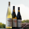 Catch & Release Natural California Wines vineyard shot with skin-contact Riesling Middle Child, Pinot Gris Lover Girl, and Syrah Northern Lights bottles.