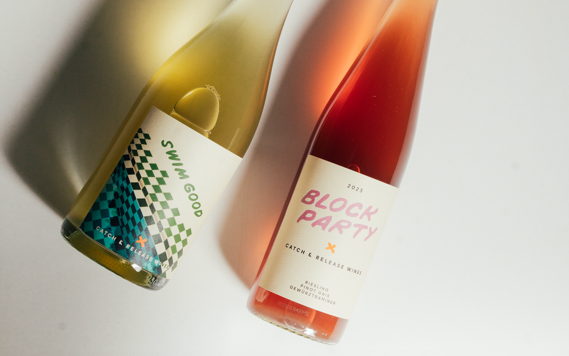 Catch & Release Wines Block Party Orange wine of Riesling, Pinot Gris, and Gewürztraminer, and Swim Good, Pet Nat of Albariño. 