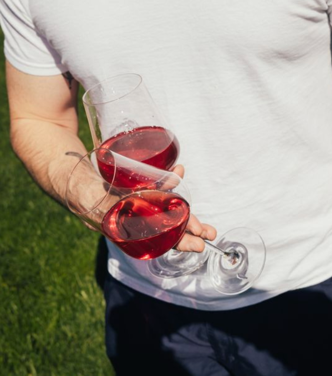 Person holding glasses of 2025 Block Party wine outdoors