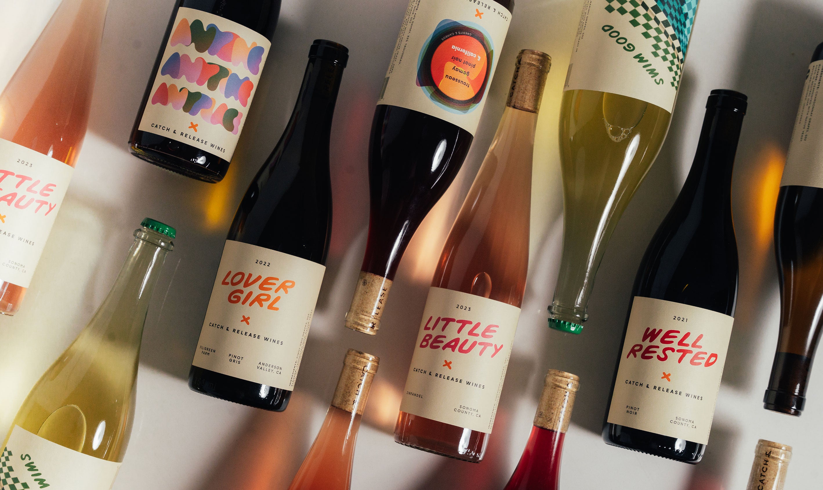 Catch & Release Wines selection of natural wines including Little Beauty Rosé, Well Rested Pinot Noir, and Lover Girl Pinot Gris.